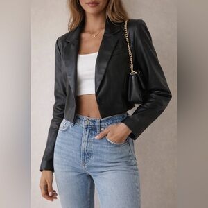 Abercrombie Neutral Vegan Leather Crop Faux Leather Cropped Blazer Jacket Small